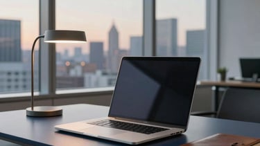 A high-end, contemporary workspace in a North American corporate office. A sleek silver laptop sits on a dark navy blue desk next to a modern lamp and a leather notebook. Large windows in the background reveal a soft city skyline at dusk. The lighting is warm and professional, emphasizing a sophisticated atmosphere. Color palette includes deep blue, dark navy, and light grey accents.