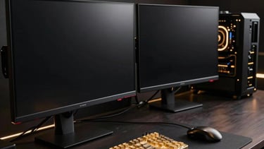 A high-end, premium gaming setup in a dark Turkish studio, featuring sleek black monitors, gold backlit mechanical keyboard, and subtle neon gold ambient lighting, cinematic photography, high contrast.