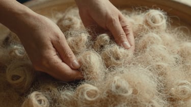 Close-up of hands gently sifting through a pile of raw, unspun cashmere fibers, soft diffused light, tactile texture, warm editorial photography, 35mm film