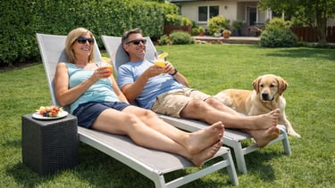 couple de clients profitant d'un jardin propre sans rien faire grâce à La Vie Sans Crotte