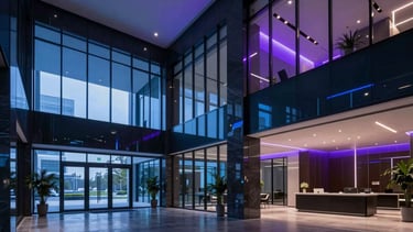 A cinematic, wide-angle photograph of a premium, modern high-tech office lobby in North America. The space features dark architectural textures and floor-to-ceiling glass, illuminated by vibrant neon blue and purple ambient lighting. The composition is clean, sophisticated, and reflects a cutting-edge futuristic tech firm.