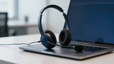 A professional and clean photography shot of a modern office space in South American / Brazilian setting. A high-quality tele-atendimento headset with a microphone rests on a dark blue laptop on a minimalist desk. The background is slightly blurred with soft daylight, conveying trust and efficiency. Colors include navy blue, light gray, and white.