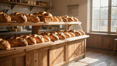 Wide panoramic shot of a rustic bakery counter at sunrise, fresh golden loaves stacked on wooden shelves, soft morning window light casting long shadows across the floor, 35mm.