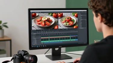 An over-the-shoulder photography shot of a digital marketing professional in a North American / European studio, editing high-contrast food photography on a large monitor. The studio space has clean Scandinavian lines. On the desk, a high-end camera sits next to a bowl of Deep Ripe Crimson tomatoes. The lighting is soft and airy, with Matte Forest Green accents in the background.