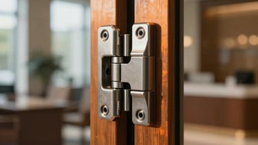 Detailed shot of a high-precision stainless steel pivot hinge for heavy glass doors, mounted in a luxury Latin American office lobby. The metal has a brushed finish with deep orange light reflections, emphasizing industrial technical precision and premium materials. Soft shadows, shallow depth of field, sharp focus on the mechanical joint.