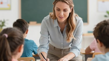 A cheerful tutor helping a young student with colorful books spread out on a table