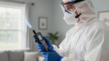 A high-trust photography shot of a professional remediation specialist in white protective gear and a mask, inspecting a residential interior in Orlando, Florida. The setting is a clean, modern living room with soft gray walls and bright, natural North American lighting. The specialist is holding a moisture detection tool, conveying a sense of authoritative safety and contamination control. Colors include soft gray, white, and navy blue accents.