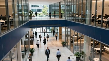 A high-angle, wide-shot photography of a clean, modern North American IT company headquarters in a US city with glass architecture and deep blue accents. The lighting is bright and professional, highlighting an innovative and trustworthy tech environment. Professional people in business casual attire are seen in the distance, out of focus, in a bright foyer.