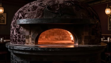 Massive wide-angle shot of a glowing wood-fired pizza oven in a dark, opulent restaurant interior, strong directional light on the oven, chiaroscuro, velvet-draped ambiance