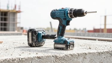 Close-up of a heavy-duty cordless drill, covered in concrete dust and grime, resting on a rough concrete slab on an active construction site. Bright daylight, sharp focus, industrial detail, low angle.