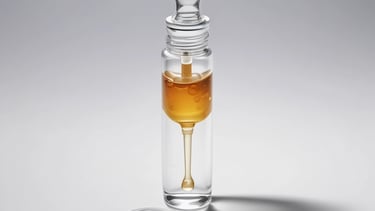 A glass bottle containing golden facial oil serum with a dropper on a white studio background.