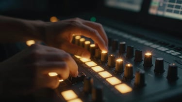Extreme macro close-up of hands adjusting a professional color grading console, warm amber glowing dials, neon-tinged dark studio environment, anamorphic lens flare, 35mm film photography