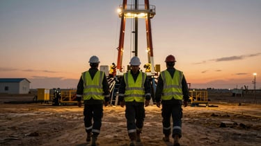 Panoramic ground-level view of an active oil field at dusk — three workers in full safety gear, reflective vests, hard hats, and steel-toed boots, walking the perimeter of a drill rig, rig lights illuminating the scene in warm amber, vast flat terrain visible in the background, communicating operational rigor and field presence