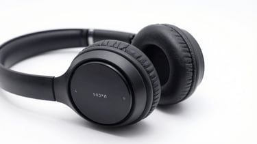 Close-up of sleek black wireless headphones resting on a desk, soft shadows, high-key studio light