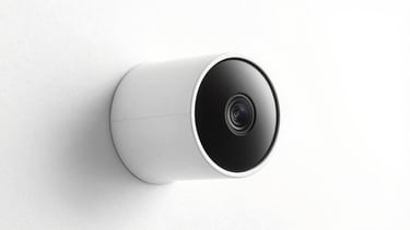 Modern minimalist smart security camera mounted on a clean white wall, bright daylight