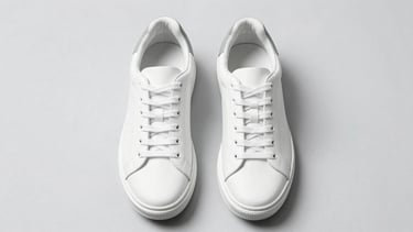 A pair of clean white leather sneakers on a pale gray background, overhead studio shot, bright light