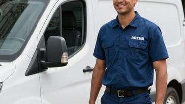 A professional South American / Brazilian courier in a navy blue uniform smiling and standing next to a clean white delivery van on a street in São Paulo. Bright natural daylight, cinematic composition, focusing on reliability and efficiency. Palette includes navy blue and steel blue tones.