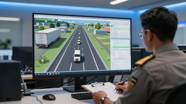 Wide environmental shot of a logistics dispatch desk interior, a large monitor screen showing a live GPS route map with truck icons pinned along a highlighted highway corridor across India, a uniformed operator in foreground reviewing a clipboard, cool blue LED ambient lighting from above, clean organised desk surface, focus on the screen data and operational context