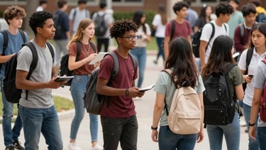 A supportive counselor engaging with a small group of students in a school hallway