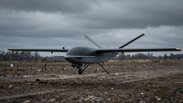 Wide environmental tracking shot of a carbon-fiber dual-use UAV flying over a rugged, overcast outdoor testing field in Romania, cool-toned dramatic daylight, 50mm.