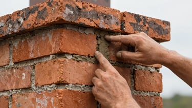 Extreme close-up of a bricklayer's hands expertly pointing mortar between old bricks during a chimney restoration, rich textures, natural overcast daylight, 35mm lens