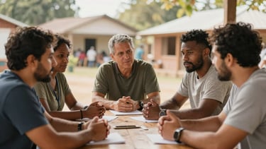 warm editorial photography, natural morning light, rich earthy tones, medium depth of field, authentic documentary style, diverse group of community leaders collaborating at a table, hands-on discussion, focused eye contact, local community development site in background