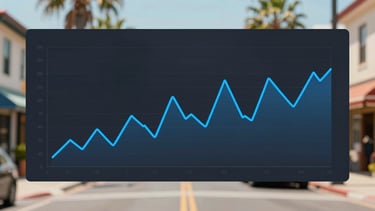 Clean vector-style line chart showing a fluctuating currency trend line, vibrant blue accent line, dark background, technical financial dashboard style