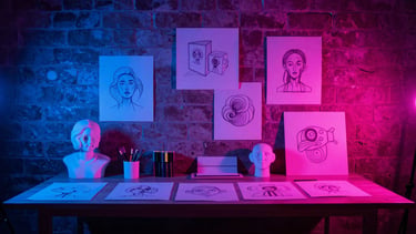 Wide-angle gritty flash photograph of a chaotic creative studio in West Valley City, neon electric blue and hot pink gel lighting casting dramatic shadows over marker sketches, physical mockups, and raw brick walls, sharp 35mm.