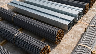 A professional photograph of a modern construction supply warehouse in South American / Brazilian setting, showing perfectly organized stacks of steel rebars, pipes, and metal sheets. Bright daytime lighting, industrial aesthetic, conveying reliability and quality.