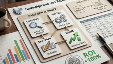 Digital marketing campaign success report showing strategy, PPC SEO, and ROI growth charts on a desk.