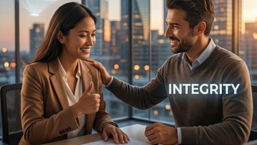 Professional business colleagues demonstrating integrity and success in a modern city office.