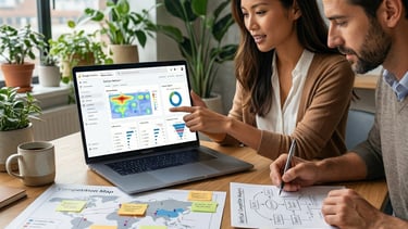 Two marketing professionals analyzing website data and a customer journey map on a laptop.