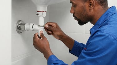 Technician performing plumbing repairs in a well-maintained bathroom.
