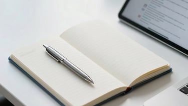 A high-angle shot of a tidy, modern professional desk in a bright South American office. A clean notebook, a metallic pen, and a tablet displaying a document list sit on the surface. The scene is illuminated with natural light, featuring soft Blue and White tones to evoke trust and efficiency.