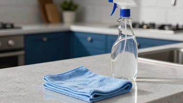 A professional cleaning setup in a modern North American kitchen with dark blue cabinetry. A pale blue microfiber cloth and a clear cleaning spray bottle are resting on a pristine light grey stone countertop. The scene is illuminated by soft, natural sunlight, creating an atmosphere of meticulous hygiene and professionalism.