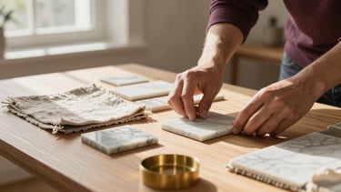 A designer's hands carefully arranging marble samples, textured linen swatches, and brass finishes on a light oak table, soft afternoon sunlight pouring in.