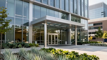A wide-angle professional photograph of a modern North American corporate office entrance with clean glass architecture. The scene includes sustainable landscaping with pale green plants and forest green accents under clear morning sunlight, conveying reliability and expertise.