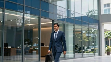 A clean, bright professional photography shot of a modern glass-walled office building in Bangalore. The scene features a South Asian / Indian professional walking through a minimalist lobby with deep blue and light blue-grey interior accents. The lighting is soft and natural, reflecting trust and efficiency.