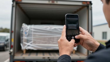 Close-up of a crew member's hands holding a smartphone photographing a wrapped piece of furniture near the open loading bay, natural overcast daylight, protective foam padding visible in the foreground, truck interior out of focus in the background