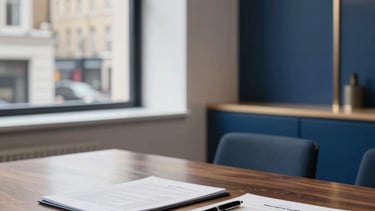 A high-end interior photograph of a modern British legal office in London. A polished dark wood meeting table is in the foreground, with professional documents and a fountain pen resting on it. The background shows a soft-focus view of a clean, minimalist office with large windows overlooking a historic street. The color palette features deep navy blue, steel blue, and subtle tan gold accents. Bright and professional lighting.