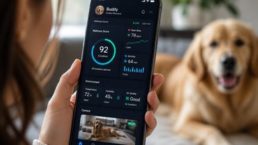 A person using a pet health tracker app on a smartphone to monitor their Golden Retriever's heart rate and activity.