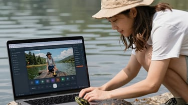 A woman editing video on a laptop by a lake with a turtle on the keyboard.