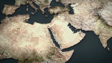 Flat map of the Middle East and North Africa region on a dark charcoal background, countries of Saudi Arabia, Bahrain, Qatar, Kuwait, Oman, UAE, and Egypt highlighted in a warm off-white tone against muted surrounding geography, clean cartographic style, no labels, even studio lighting