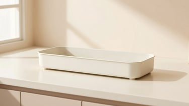 Crisp product flatlay of smart kitchen organizers on a clean cream counter, bright natural morning light, soft pastel background, modern home setting, 35mm lens