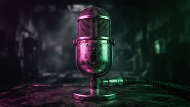A close-up of a vintage analog radio microphone glowing under harsh neon pink and toxic green lights, heavy film grain, dark misty background, 35mm photography.