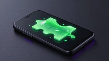 Isometric 3D render of a matte black Android phone displaying a fluid neon-green liquid physics puzzle, glowing violet light casting soft reflections on a dark surface
