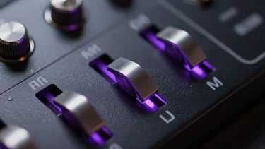 Macro close-up of mechanical UI toggles and sliders on a dark screen, glowing with electric violet accents.