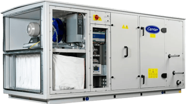 Industrial Carrier HVAC air handling unit showing internal components like filters, fans, and control panels.