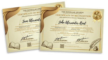 Novellae Awards certificates sample honoring Jane Alexander and John Alexander Reed for outstanding literary work.