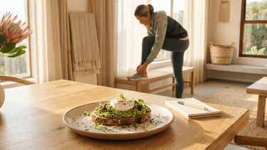 a healthy breakfast setting on a natural wood table.